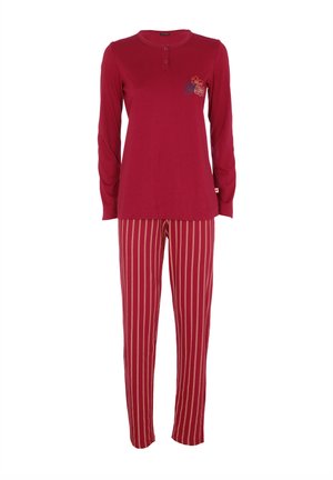 Set pigiama da donna composto da top rosso a maniche lunghe con ricamo floreale e pantaloni rossi con strisce verticali beige.