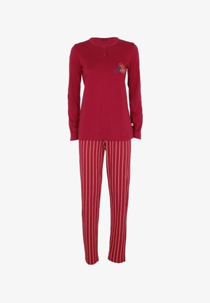 Set pigiama da donna composto da top rosso a maniche lunghe con ricamo floreale e pantaloni rossi con strisce verticali beige.