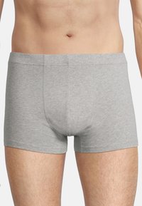 Gray cotton boxer shorts with an elastic waistband. Features a seamless design and smooth texture. Short length, fitting snugly.