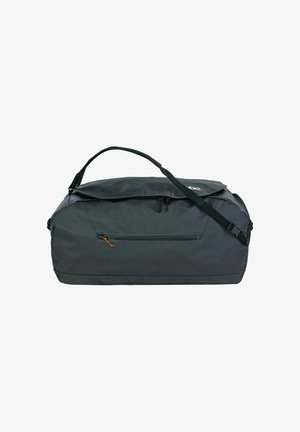 Große graue Reisetasche aus strapazierfähigem Stoff mit einem oberen Reißverschluss, verstellbarem Schultergurt und einer Seitentasche mit einem orangen Reißverschlussgriff.
