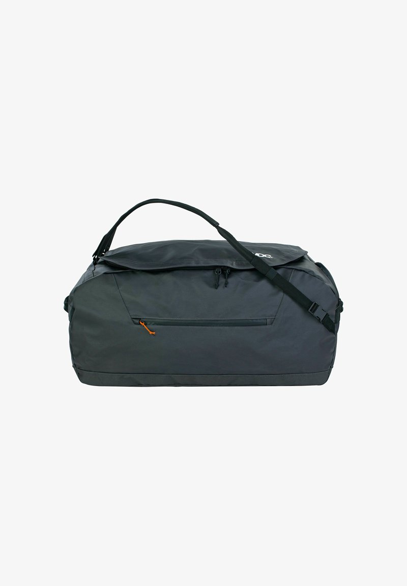 Grande borsa a cilindro grigia realizzata in tessuto resistente, con zip superiore, tracolla regolabile e tasca laterale con una zip arancione.