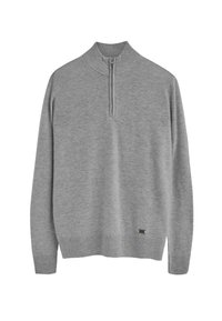 Grauer Pullover mit hohem Kragen, halbem Reißverschluss, gerippten Bündchen und Saum. Aus weichem Material, mit einer dezenten Textur und einem kleinen Logo-Detail.