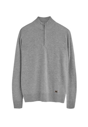 Szary sweter z wysokim kołnierzem, pół-zamkiem, prążkowanymi mankietami i dołem. Wykonany z miękkiego materiału, z delikatną teksturą i małym logo.