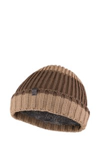Braune gestrickte Mütze mit gerippter Textur, die ein heller brauner Bund und ein weiches graues Futter aufweist. Enthält ein kleines Markenetikett.