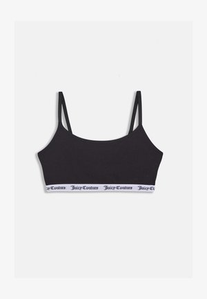 Bralette preta feito de tecido suave com alças finas e uma faixa branca com "Juicy Couture" em texto preto. Design simples e ajustado.