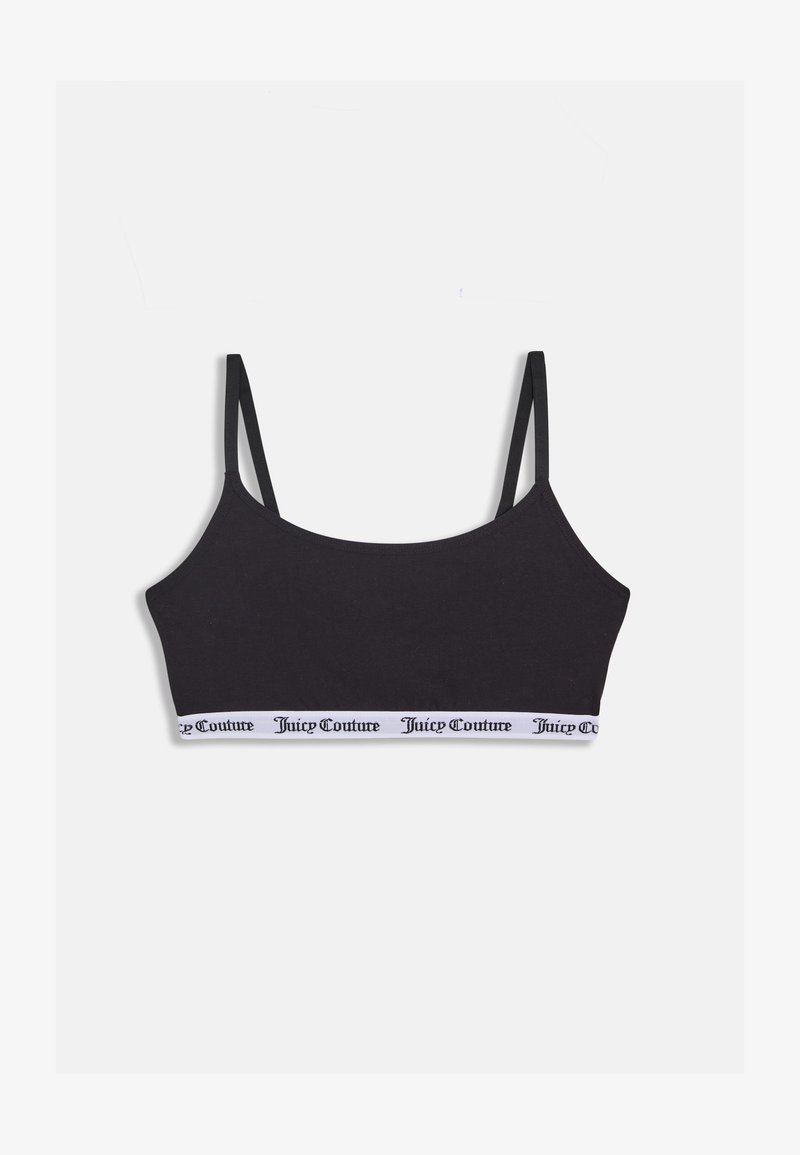 Črn modrček iz mehkega materiala z tankimi naramnicami in belim pasom, na katerem je v črnem tisku napis "Juicy Couture". Enostavna in prilegajoča zasnova.