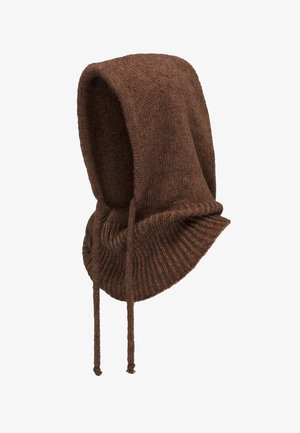 Capucha marrón de punto con una textura suave, con borde acanalado, cordones para ajustar y un diseño alargado.