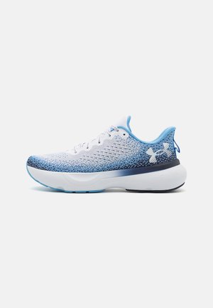 Running shoe featuring a lightweight mesh upper with a blue gradient, white midsole, and textured black outsole. Accent logo on the heel.