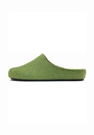 Green felt slipper with a closed heel, soft interior lining, rounded toe, and black rubber sole; smooth texture with no visible patterns.