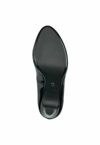 Semelle de chaussure à talon haut en cuir verni noir avec une finition lisse, bout arrondi et texture antidérapante ; étiquetée avec la taille 37.
