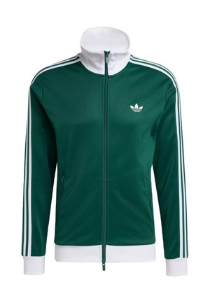 Πράσινο φούτερ φόρμας με φερμουάρ μπροστά και λευκές λεπτομέρειες, με ψηλό γιακά, τρεις λευκές ρίγες σε κάθε μανίκι και μικρό λογότυπο στο στήθος.