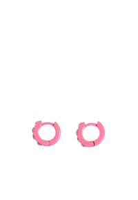 Pendientes de aro rosas con un acabado brillante, que presentan formas circulares y pequeños detalles decorativos. Hechos de un material ligero.