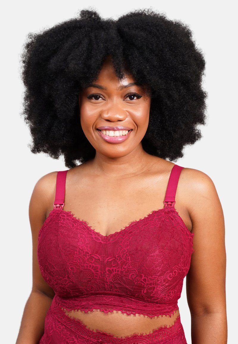 Burgunderfarbenes Spitzen-Bralette mit floralen Mustern, gewellten Kanten, verstellbaren Trägern und einem Ausschnitt-Design im Band.