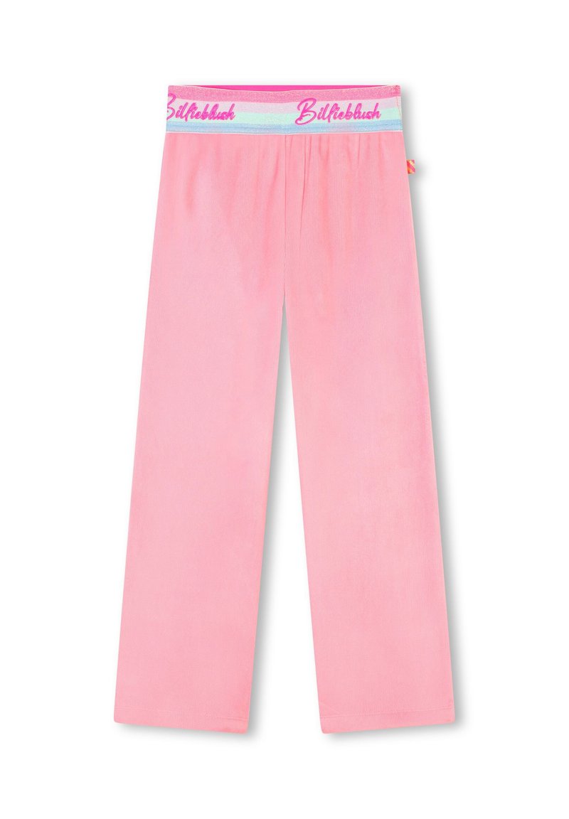 Pantalons larges roses en tissu doux, dotés d'une taille élastique avec des accents multicolores et du nom de la marque "Bilfabblush" imprimé.