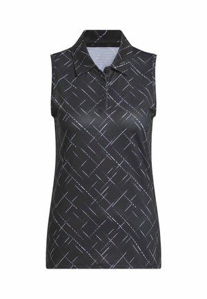 Mouwloos zwart poloshirt met kraag, drie knopen en een wit diagonaal en horizontaal lijnpatroon over de stof.