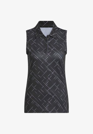 Černé polokošile bez rukávů s límečkem, třemi knoflíky a bílým diagonálním a vodorovným vzorem na látce.