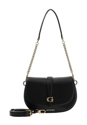 Sac à main en cuir synthétique noir avec une forme courbe, une quincaillerie dorée et une bandoulière chaîne amovible. Présente un logo "G" proéminent et le nom de la marque embossé.