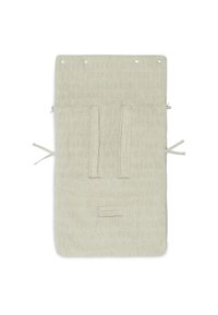 Couverture en tricot de couleur crème douce avec un motif texturé, présentant deux bandes verticales et des liens pour la fixation. Mesure rectangulaire et plate.