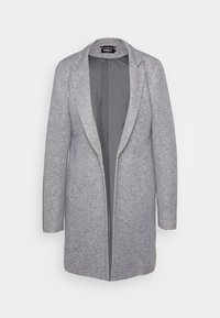 Sivina jakna stila blazer, izdelana iz tkanine z vtopljenim vzorcem, z ovratnikom in odprtim sprednjim delom. Gladka tekstura z dolgimi rokavi.