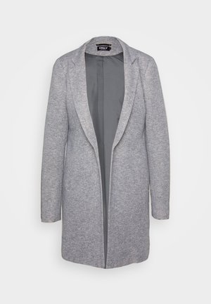 Gray blazer-style coat made from woven fabric, featuring a lapel collar and open front design. Smooth texture with long sleeves.