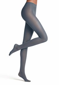 Collant grigi opachi con finitura opaca, dotati di una vita senza cuciture e di una texture trasparente, progettati per aderire perfettamente alle gambe.