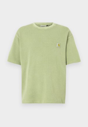 Lichtgroen T-shirt met korte mouwen, een geribbelde textuur en een logopatch op de borst. Losvallende pasvorm en een ronde hals.