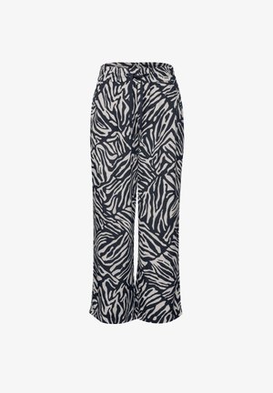 Kalhoty s širokými nohavicemi z lehké tkaniny, které mají černobílý zebří vzor. Elastický pas s detaily šňůrky.