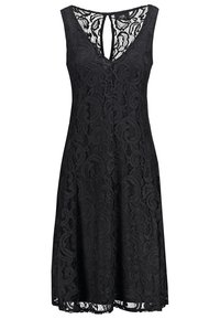 Robe en dentelle noire avec un décolleté en V et un dos en trou de serrure. Motif floral, design sans manches, longueur genou et tissu texturé.