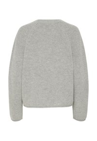 Grauer gestrickter Pullover mit langen Ärmeln, gerippter Textur und abgerundetem Saum. Entworfen mit Raglan-Schultern und Rundhalsausschnitt.