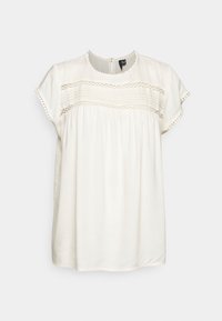 Blusa bianca a maniche corte con dettagli in pizzo all'uncinetto sul petto e sulle maniche, collo rotondo e tessuto arricciato sotto il pannello in pizzo.