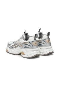 Pelēki un baltie sporta apavi ar sietiņveida virsu, gumijas zole un beigu akcentiem. Iespējami polsterēti apkakles un vilkšanas cilpas ērtai uzvilkšanai.