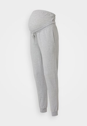 Pantalon de maternité gris en sweat avec une taille élastique, un cordon de serrage ajustable et des poches latérales. Tissu doux avec une coupe décontractée.