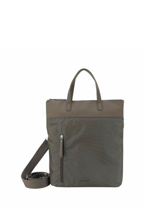 Gray synthetic tote bag with dual handles and a detachable crossbody strap. Features a front zip pocket and sleek, smooth texture.