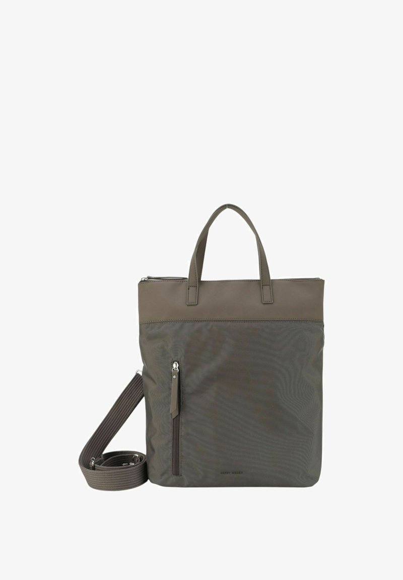 Szara syntetyczna torba na ramię z podwójnymi uchwytami i odczepianym paskiem na ramię. Posiada przednią kieszeń na zamek oraz elegancką, gładką fakturę.