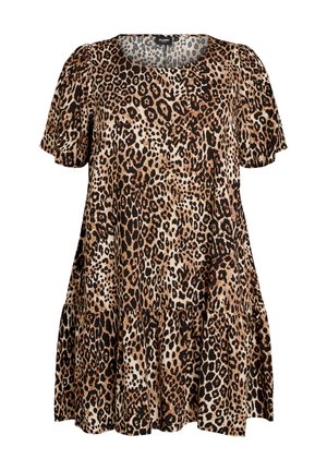 Kurzarmkleid mit braunem und schwarzem Leopardenmuster, rundem Ausschnitt und lockerem, gerafftem Saum.