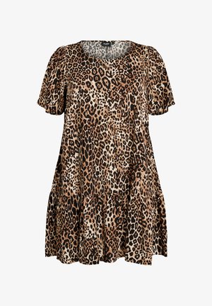 Haljina s kratkim rukavima u smeđem i crnom leopardovom uzorku, s okruglim izrezom i širokim, skupljenim rubom suknje.
