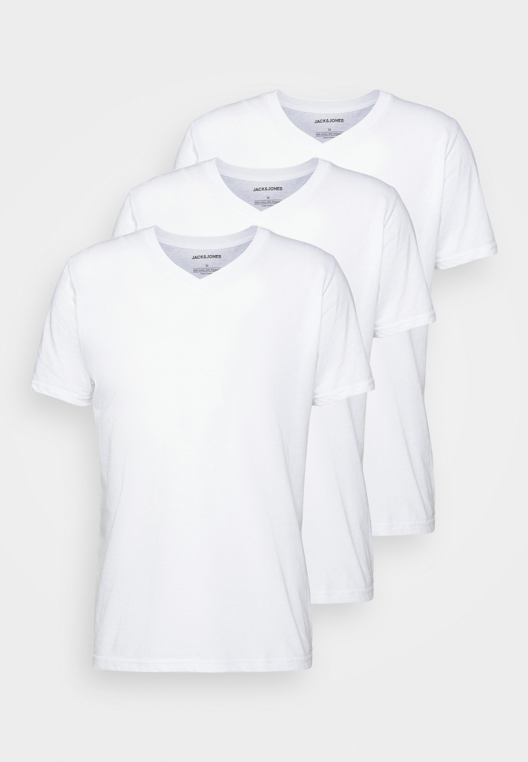 Drie witte v-hals t-shirts van katoen, met korte mouwen en een reguliere pasvorm, met etiket zichtbaar aan de binnenkant van de hals.