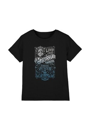 Black cotton t-shirt featuring white and blue graphic print with text and decorative elements, including skulls and floral patterns.