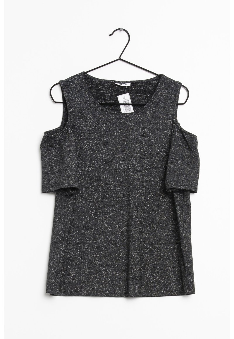 Haut noir texturé avec design épaules dénudées, manches courtes et encolure ronde. Le matériau présente des accents subtils de paillettes.