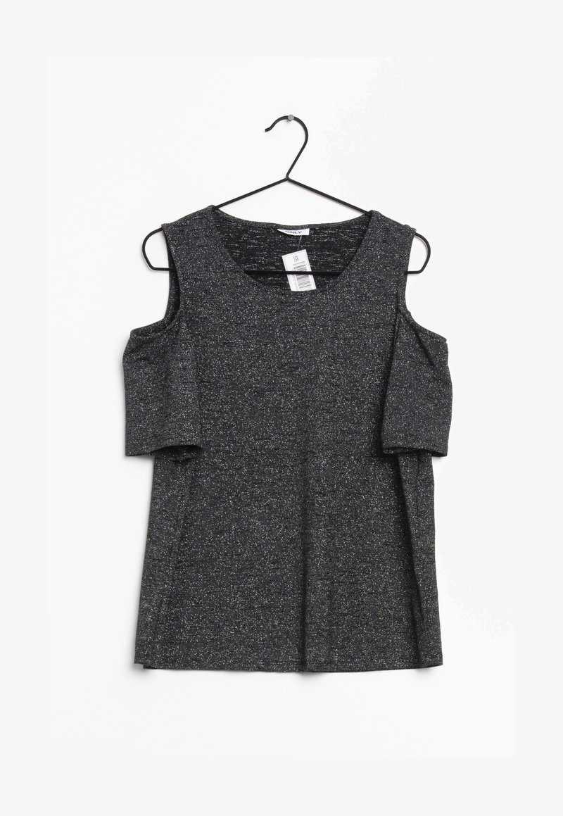 Haut noir texturé avec design épaules dénudées, manches courtes et encolure ronde. Le matériau présente des accents subtils de paillettes.