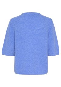 Pull bleu à manches courtes en maille, fabriqué en matière douce et duveteuse, avec une coupe décontractée et un col rond, dos uni sans ornements.