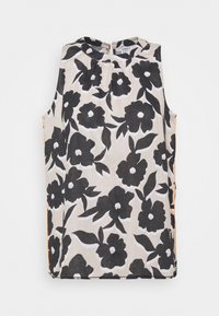 Top senza maniche di colore beige con grande stampa floreale nera e piccole pieghe raccolte sotto il collo rotondo.