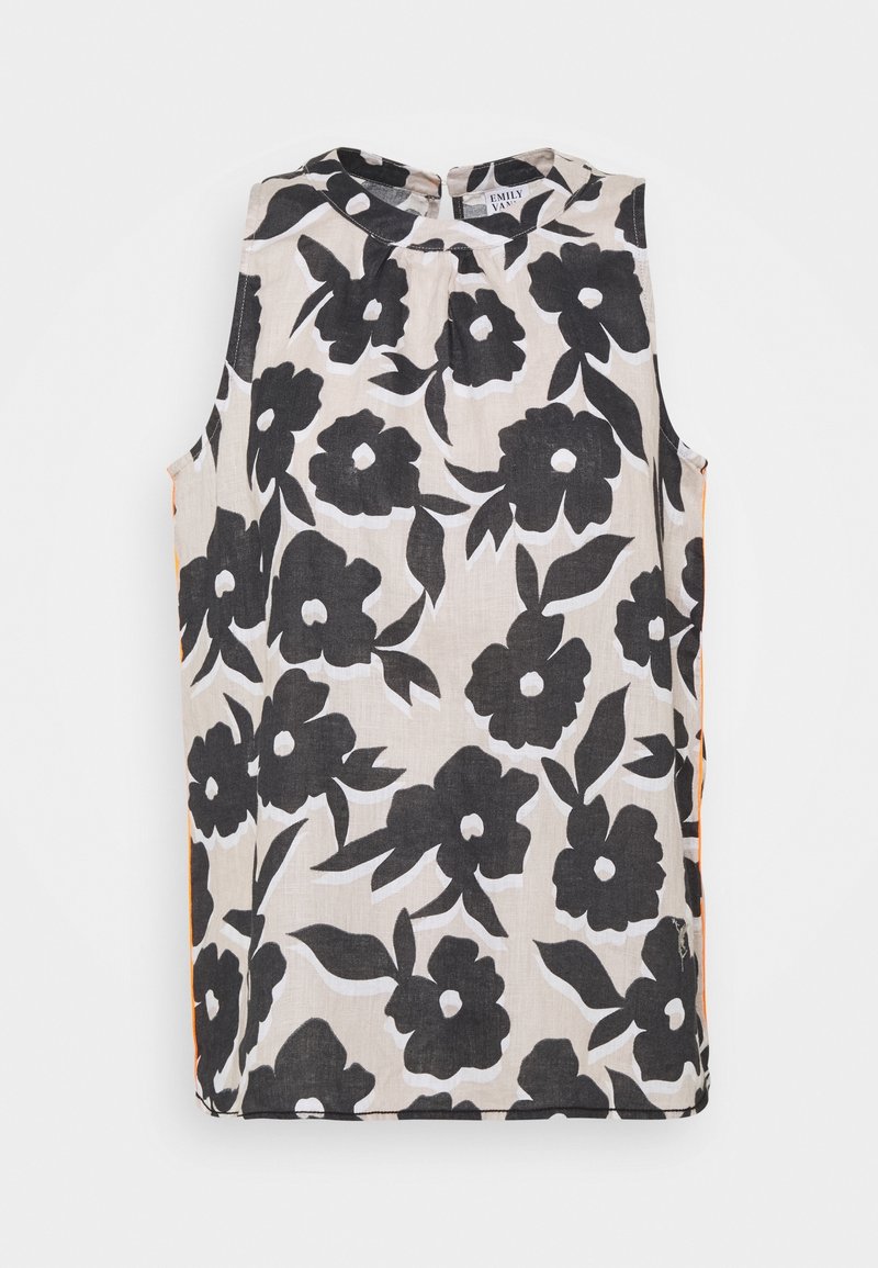 Top senza maniche di colore beige con grande stampa floreale nera e piccole pieghe raccolte sotto il collo rotondo.