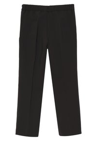 Pantaloni neri su misura con vita elastica, taglio dritto e leggero lucido. Presentano due pieghe frontali e una texture liscia.