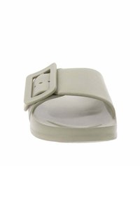 Infradito grigio chiaro con una larga fascia caratterizzata da una fibbia rettangolare, suola piatta e una texture liscia e opaca. Design semplice e minimalista.