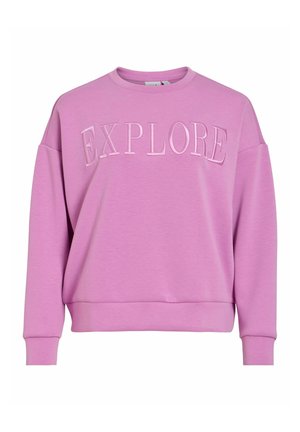 Lillat värvi pusa pikkade varrukatega ja sõna "EXPLORE" tikitud samas lilla toonis rinna kohale.
