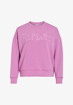 Lillat värvi pusa pikkade varrukatega ja sõna "EXPLORE" tikitud samas lilla toonis rinna kohale.
