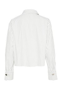 White cropped shirt with gray vertical stripes. Features a classic collar and long sleeves with buttoned cuffs. Smooth fabric texture.