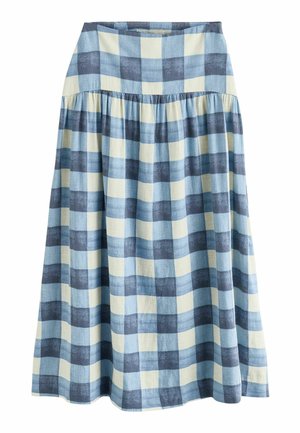 Modrá a biela kockovaná midi sukňa s nariaseným pásom a rozšíreným strihom, vyrobená z ľahkej látky.
