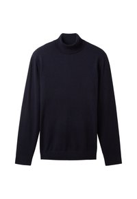 Granatowy sweter z golfem wykonany z miękkiej tkaniny, z długimi rękawami i dopasowanym krojem oraz wysokim kołnierzem. Całość o gładkiej fakturze.
